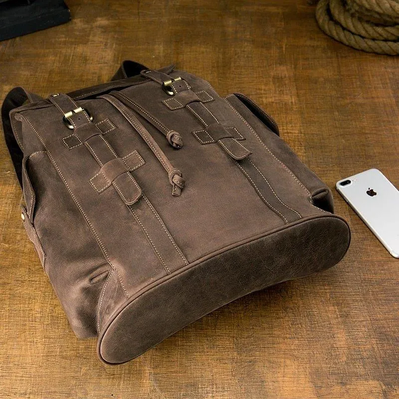 Vintage Mens Leather Backpack Drawstring Travel