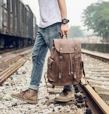 Vintage Mens Leather Backpack Drawstring Travel