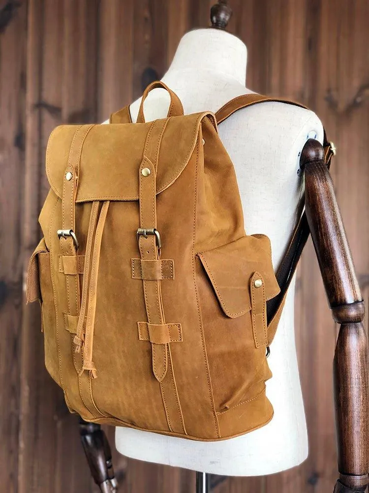 Vintage Mens Leather Backpack Drawstring Travel