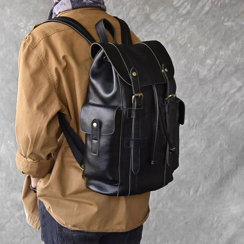 Vintage Mens Leather Backpack Drawstring Travel