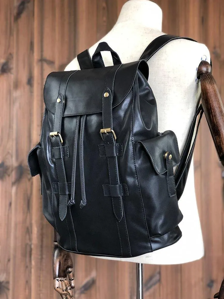 Vintage Mens Leather Backpack Drawstring Travel
