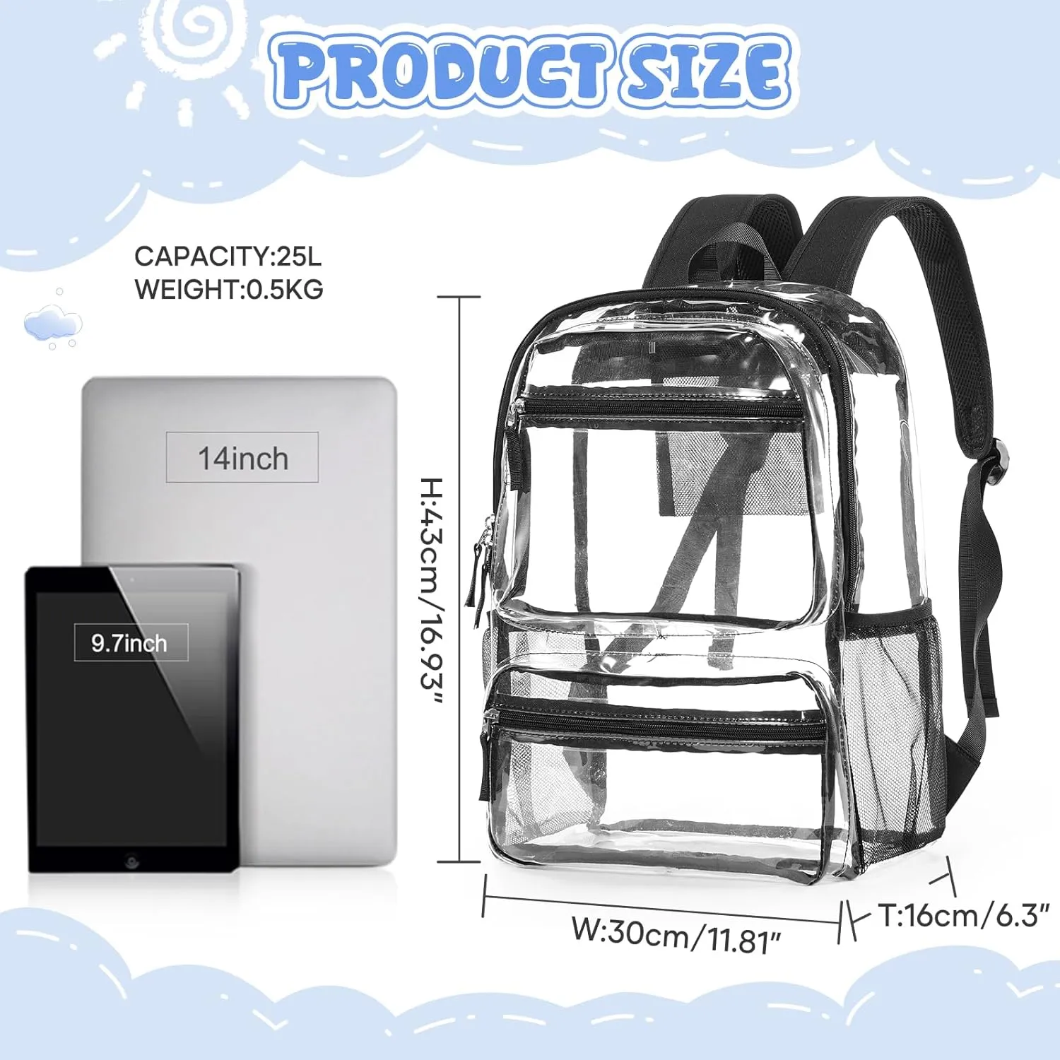 winspansy Small Clear School Backpack for Stadium Events Teenage Girls Boys Waterproof Lightweight Daypack Simple Bookbags Work Bag See Through Plastic Festival Concert Backpack for Women Men Black