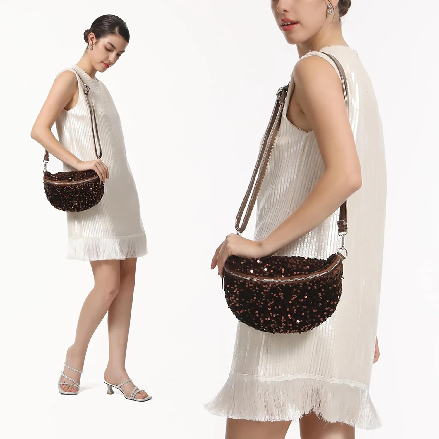 Women Large Glitter Sequins Velvet Fanny Pack Waist Bag Chest Bag Crossbody Shoulder Bag