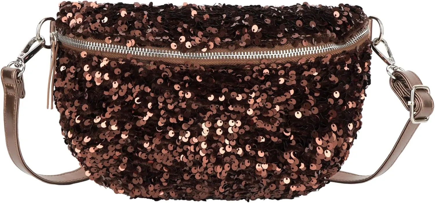 Women Large Glitter Sequins Velvet Fanny Pack Waist Bag Chest Bag Crossbody Shoulder Bag