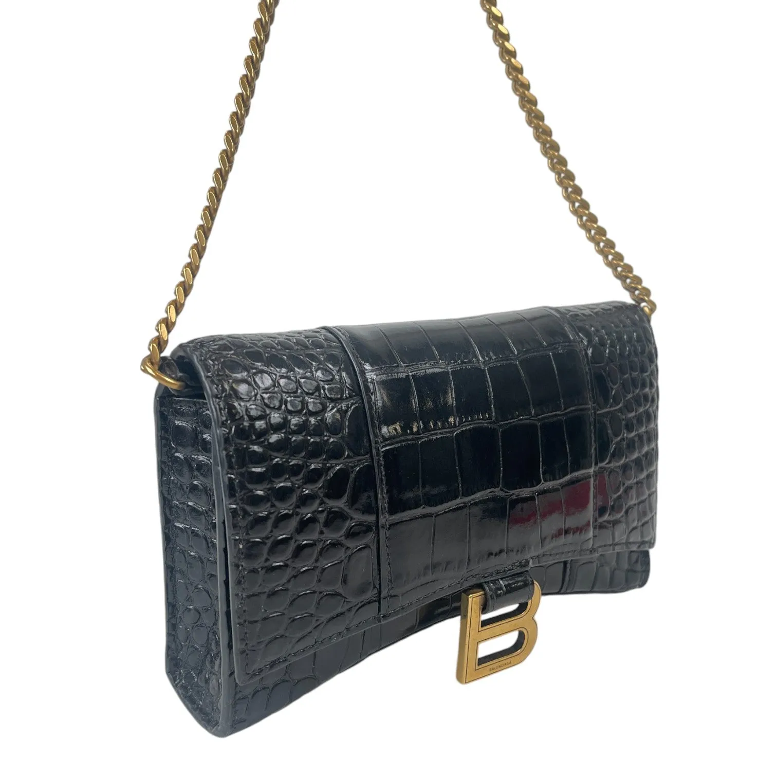 Women's Hourglass Crocodile Wallet On Chain Bag Black